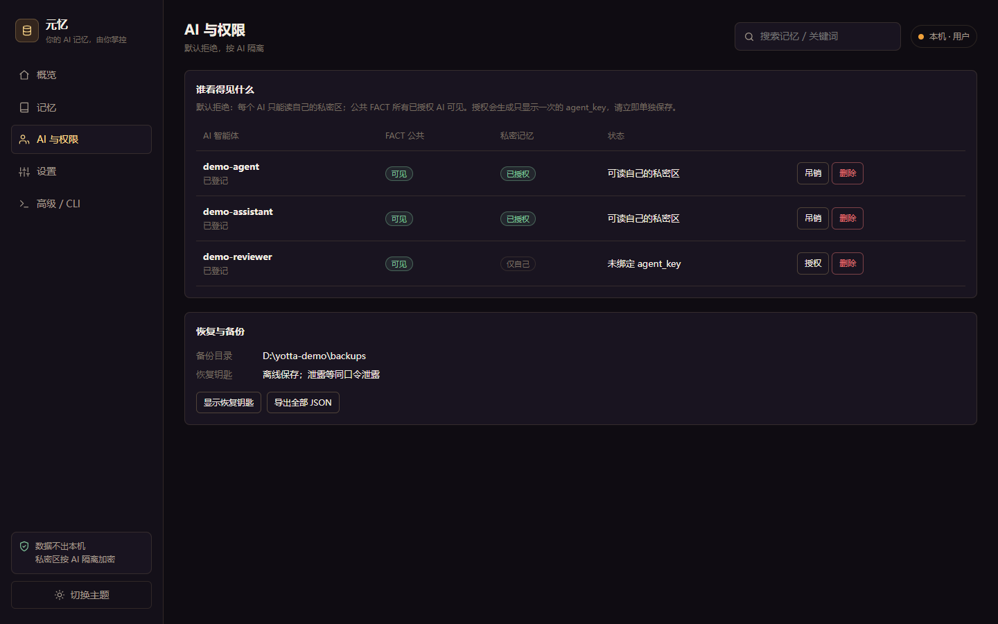 元忆记忆管理台：AI 与权限视图